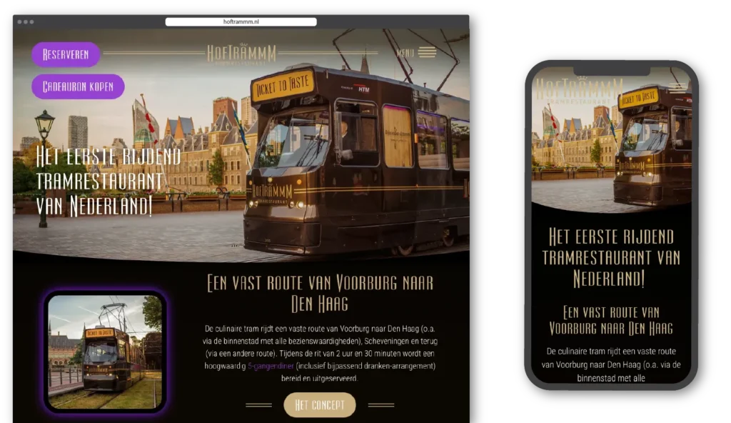MediaBlend webdesign project Hoftrammm - homepagina tramrestaurant Den Haag