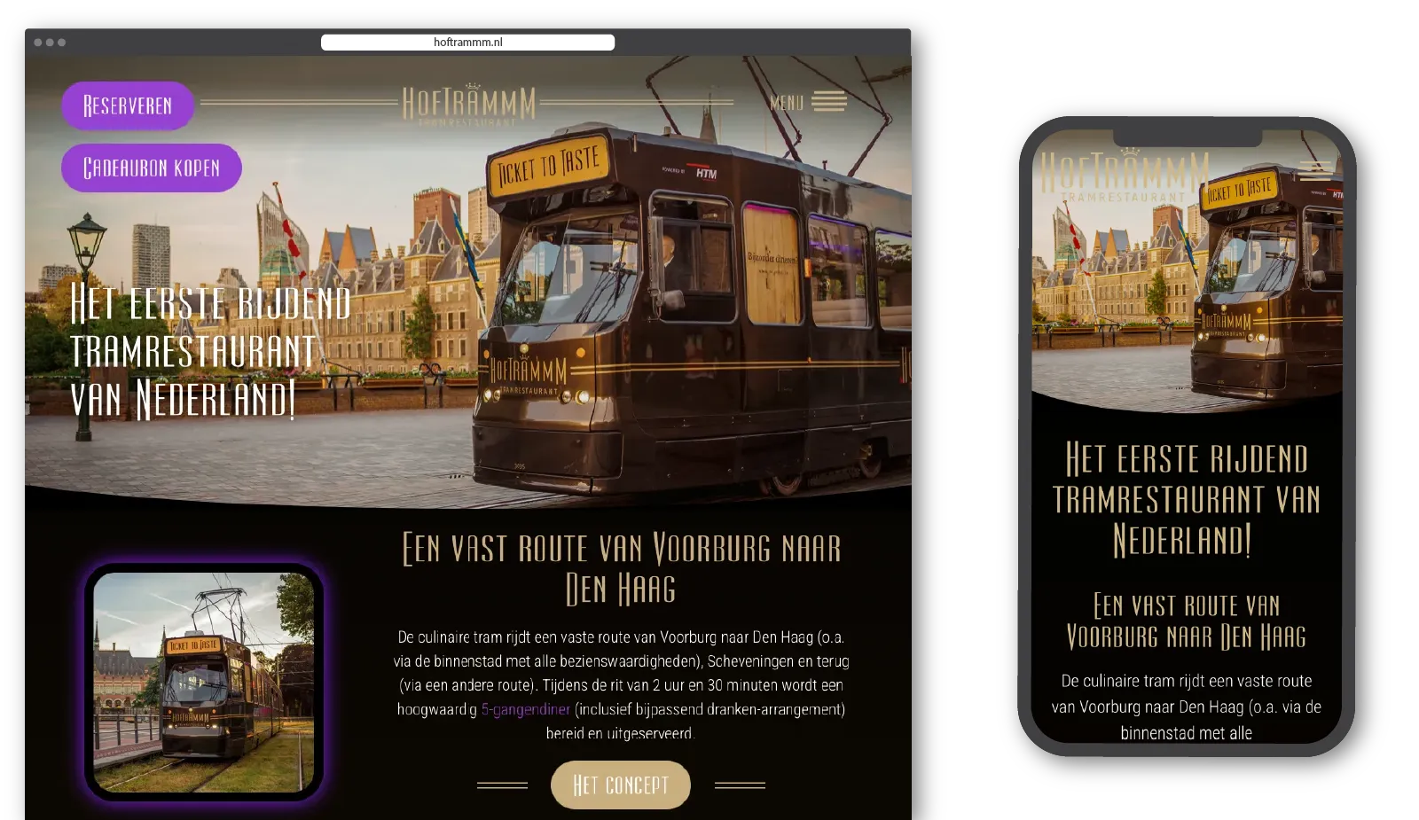 MediaBlend webdesign project Hoftrammm - homepagina tramrestaurant Den Haag